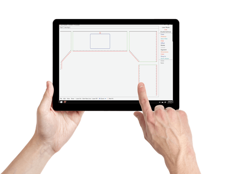 A technician using a digital laser templating system to measure a kitchen for countertops