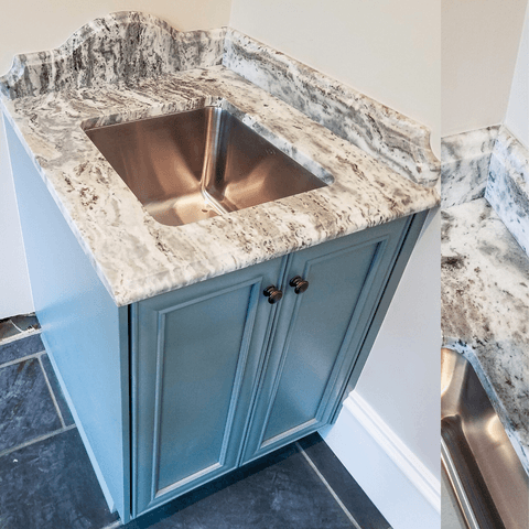 Brown Fantasy granite bathroom vanity with full backsplash